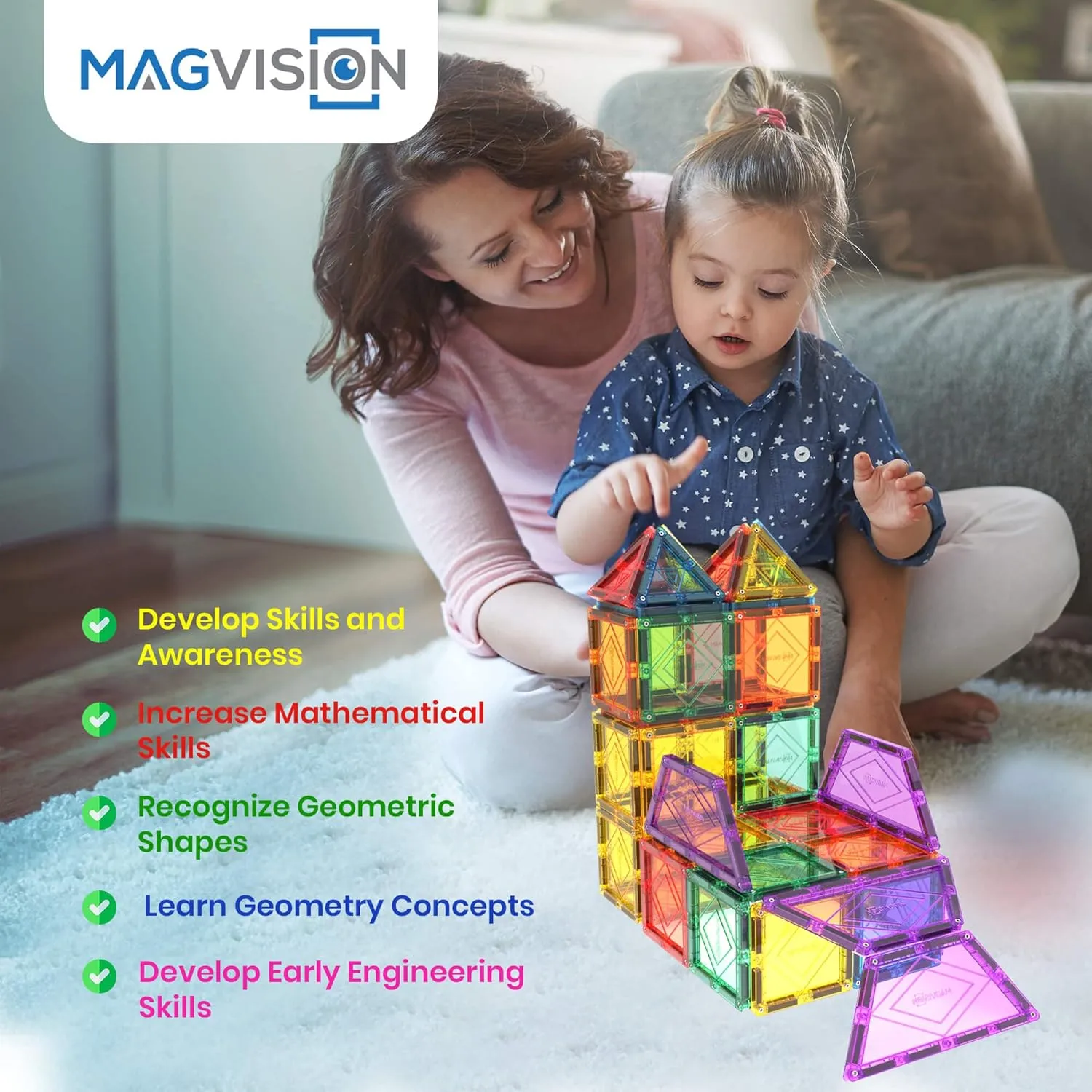 MagVision 48 Piece Plus Magnetic Board Set, Stem Magnetic Building Blocks, Extra Strong and Safe Magnets, Educational Toys for Children Ages 3 
