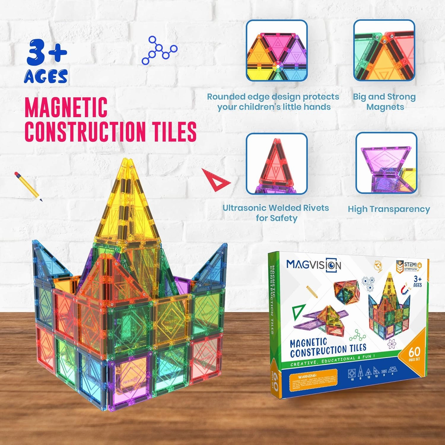 MagVision 60-Piece Magnetic Building Tiles Set, Stem Magnetic Building Blocks, Extra Strong and Safe Magnets, Stem Toys, Magnetic Blocks, Educational Toys for Children Ages 3  Years