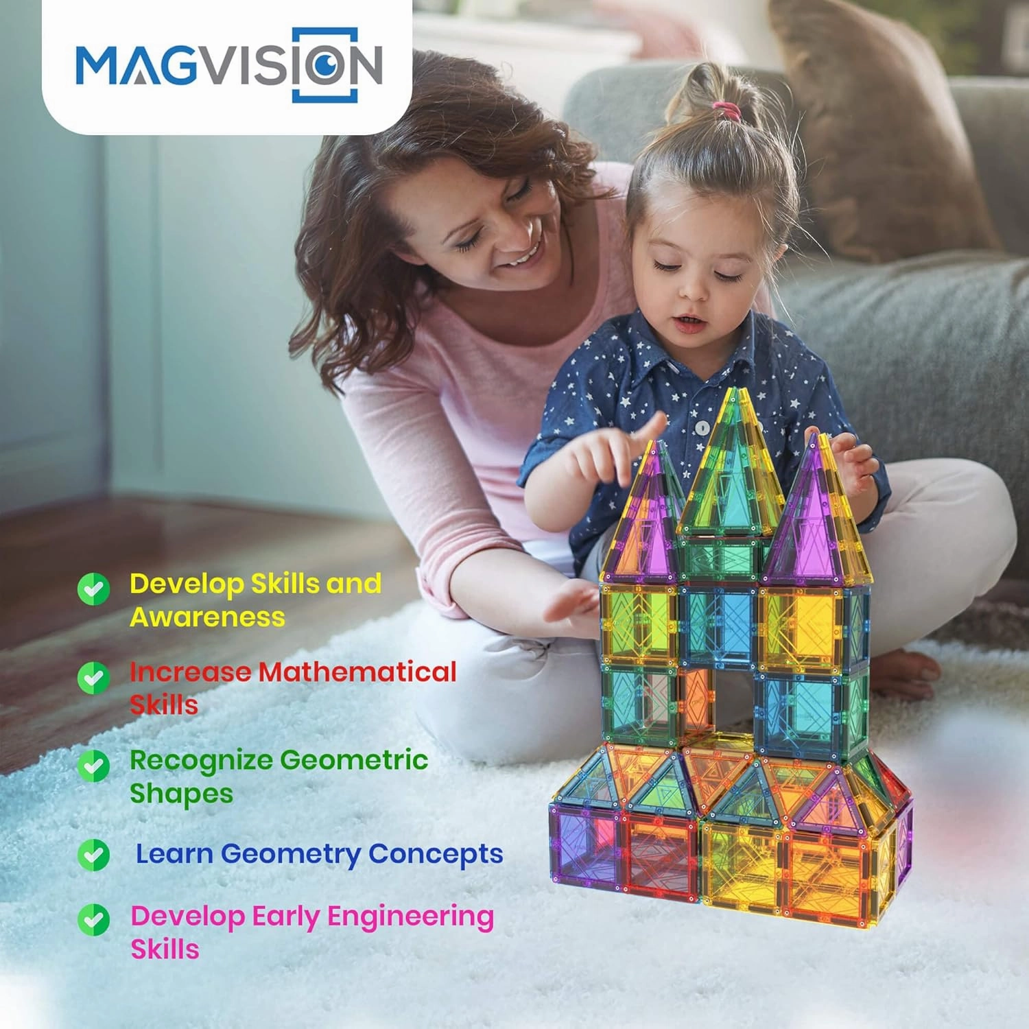 MagVision 60-Piece Magnetic Building Tiles Set, Stem Magnetic Building Blocks, Extra Strong and Safe Magnets, Stem Toys, Magnetic Blocks, Educational Toys for Children Ages 3  Years
