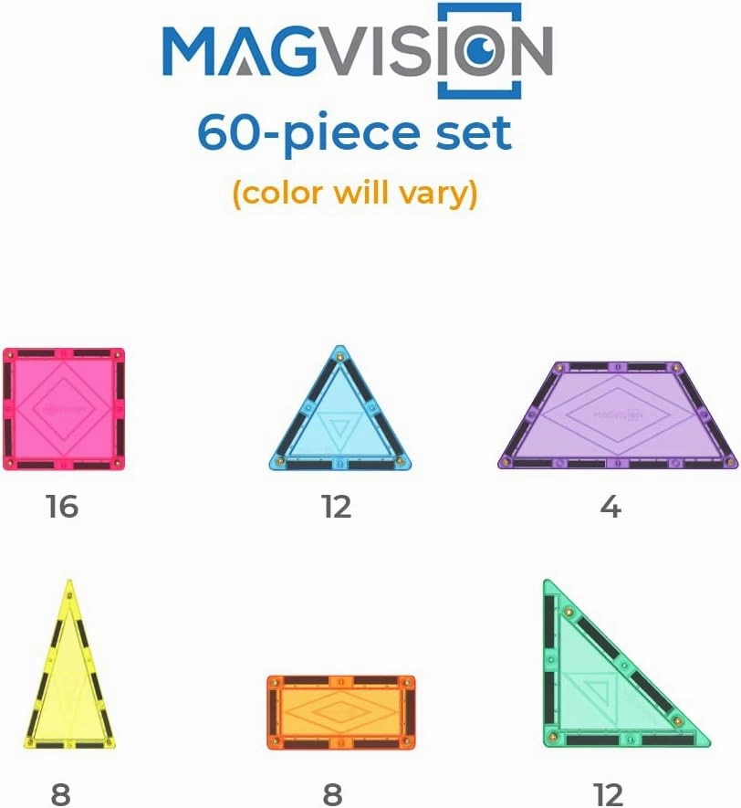 MagVision 60-Piece Magnetic Building Tiles Set, Stem Magnetic Building Blocks, Extra Strong and Safe Magnets, Stem Toys, Magnetic Blocks, Educational Toys for Children Ages 3  Years