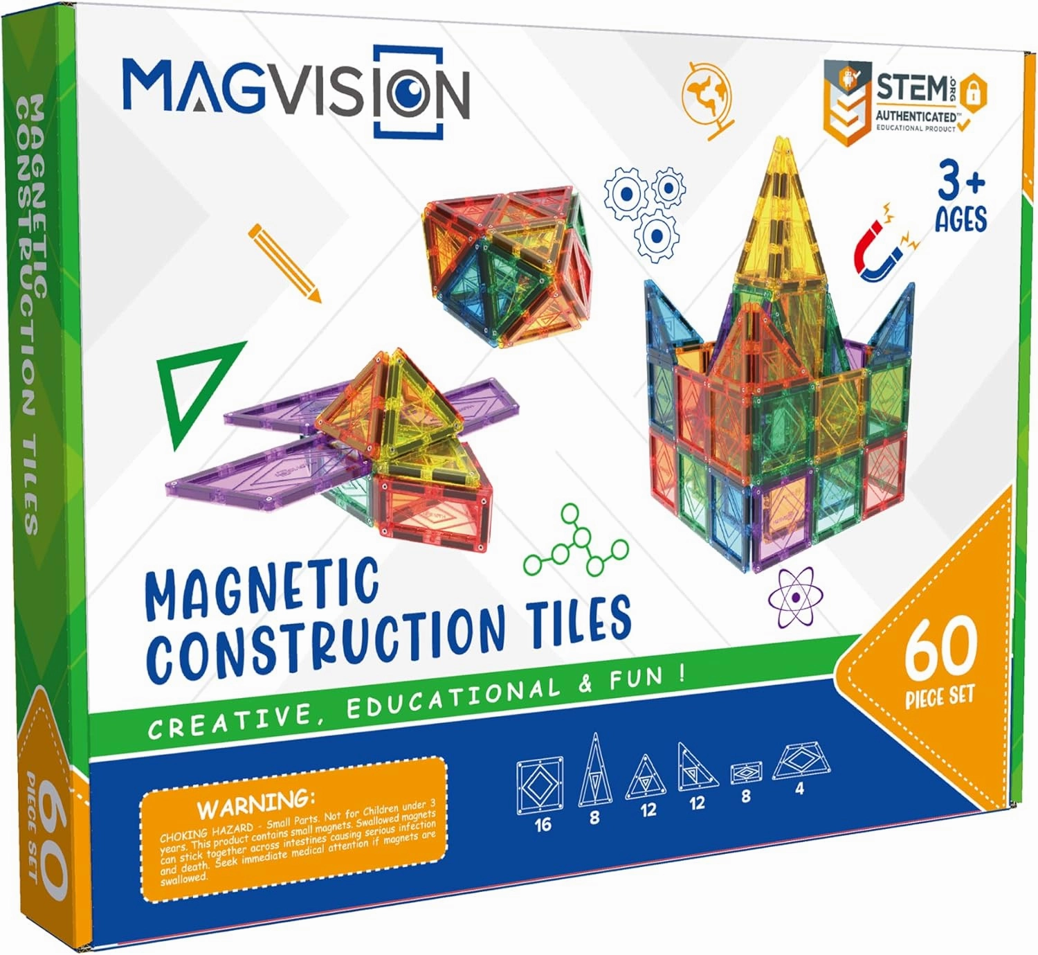 MagVision 60-Piece Magnetic Building Tiles Set, Stem Magnetic Building Blocks, Extra Strong and Safe Magnets, Stem Toys, Magnetic Blocks, Educational Toys for Children Ages 3  Years