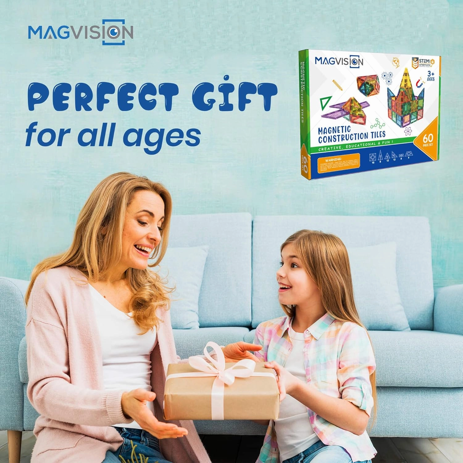 MagVision 60-Piece Magnetic Building Tiles Set, Stem Magnetic Building Blocks, Extra Strong and Safe Magnets, Stem Toys, Magnetic Blocks, Educational Toys for Children Ages 3  Years