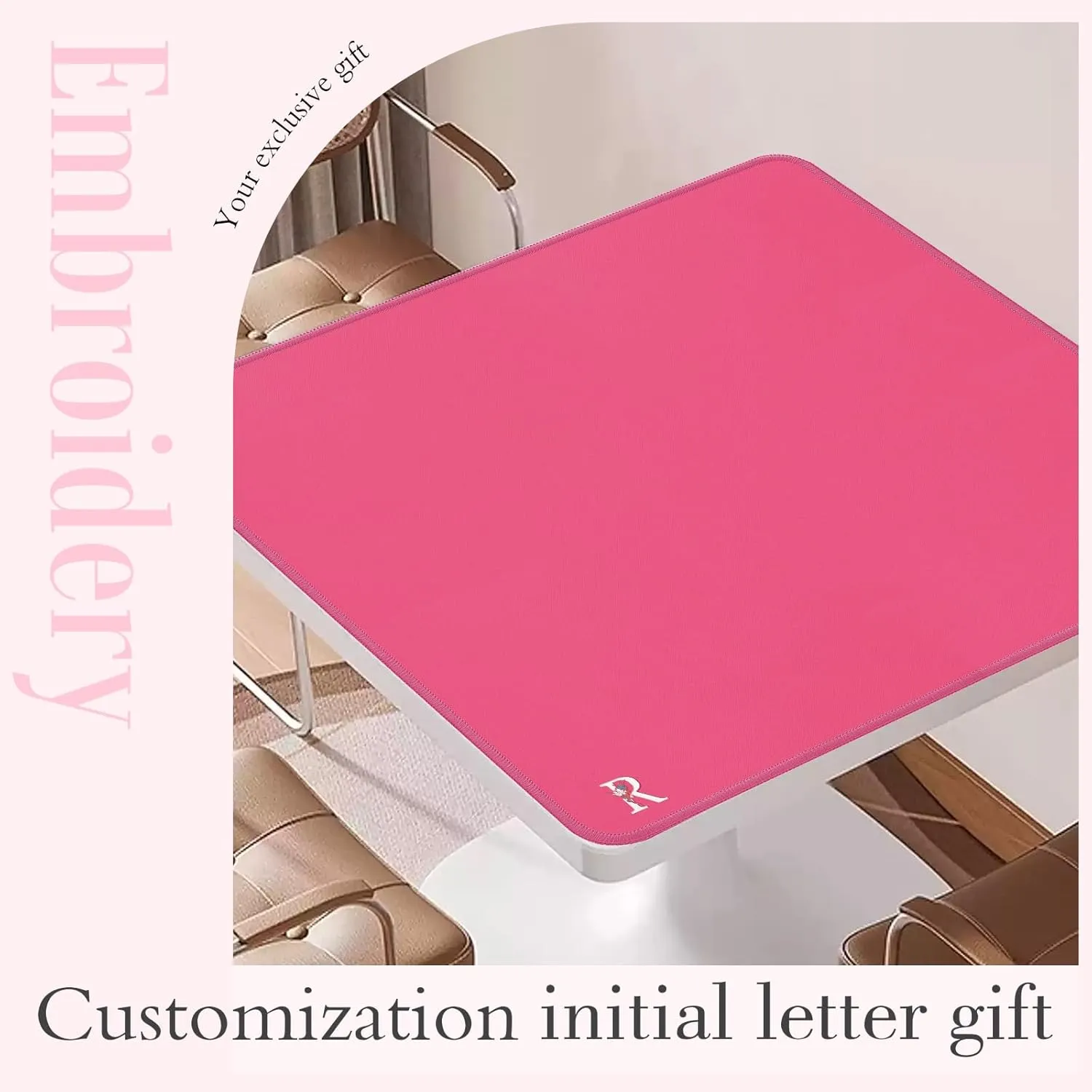 Mahjong Mat | Neoprene Anti-Slip Noise Reduction, Simple Design & Embroidery | 32.4x32.4 Inch Pink | Perfect for Mahjong, Board Games & Tile Games | Elegant Gift(Custom R Letter)