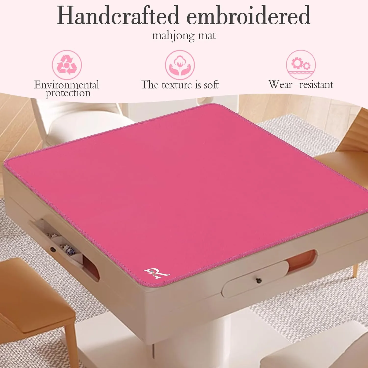 Mahjong Mat | Neoprene Anti-Slip Noise Reduction, Simple Design & Embroidery | 32.4x32.4 Inch Pink | Perfect for Mahjong, Board Games & Tile Games | Elegant Gift(Custom R Letter)