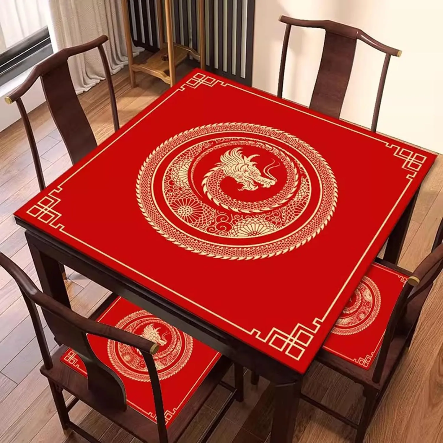 Mahjong Table Mat with Carrying Bag, Chinese Style Printed Square Table Cover Anti Slip and Noise Reducing Poker Game Mat(Red,35.43x35.43in)