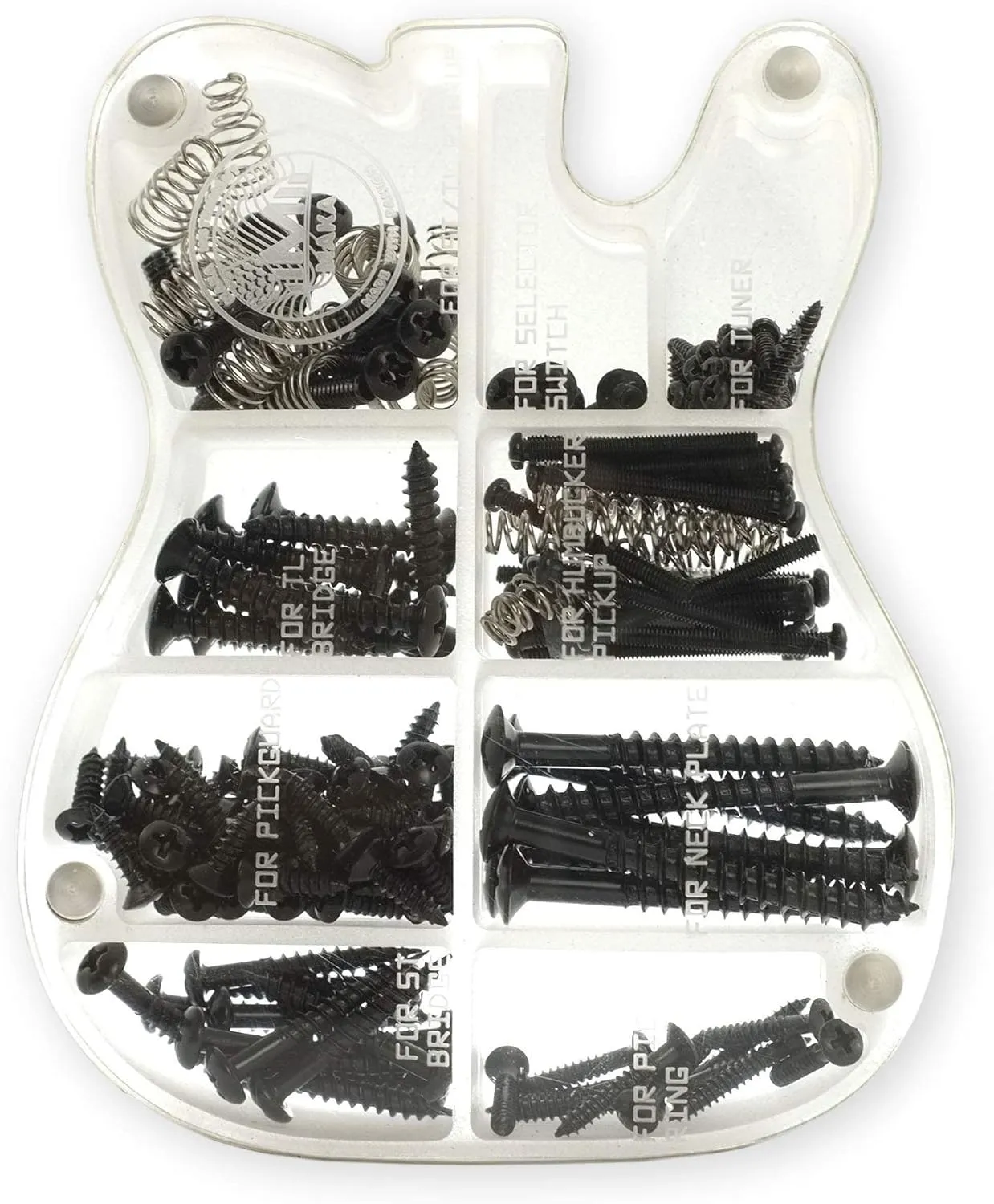 MAKA Guitar Screw Kit Assortment with Custom Acrylic Storage Box for Electric Guitar Bridge, Pickup, Pickguard, Tuner, Switch, Neck Plate, with Springs, Black