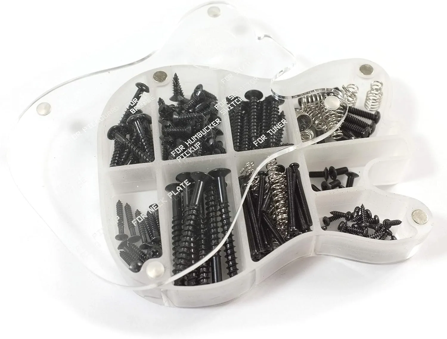 MAKA Guitar Screw Kit Assortment with Custom Acrylic Storage Box for Electric Guitar Bridge, Pickup, Pickguard, Tuner, Switch, Neck Plate, with Springs, Black