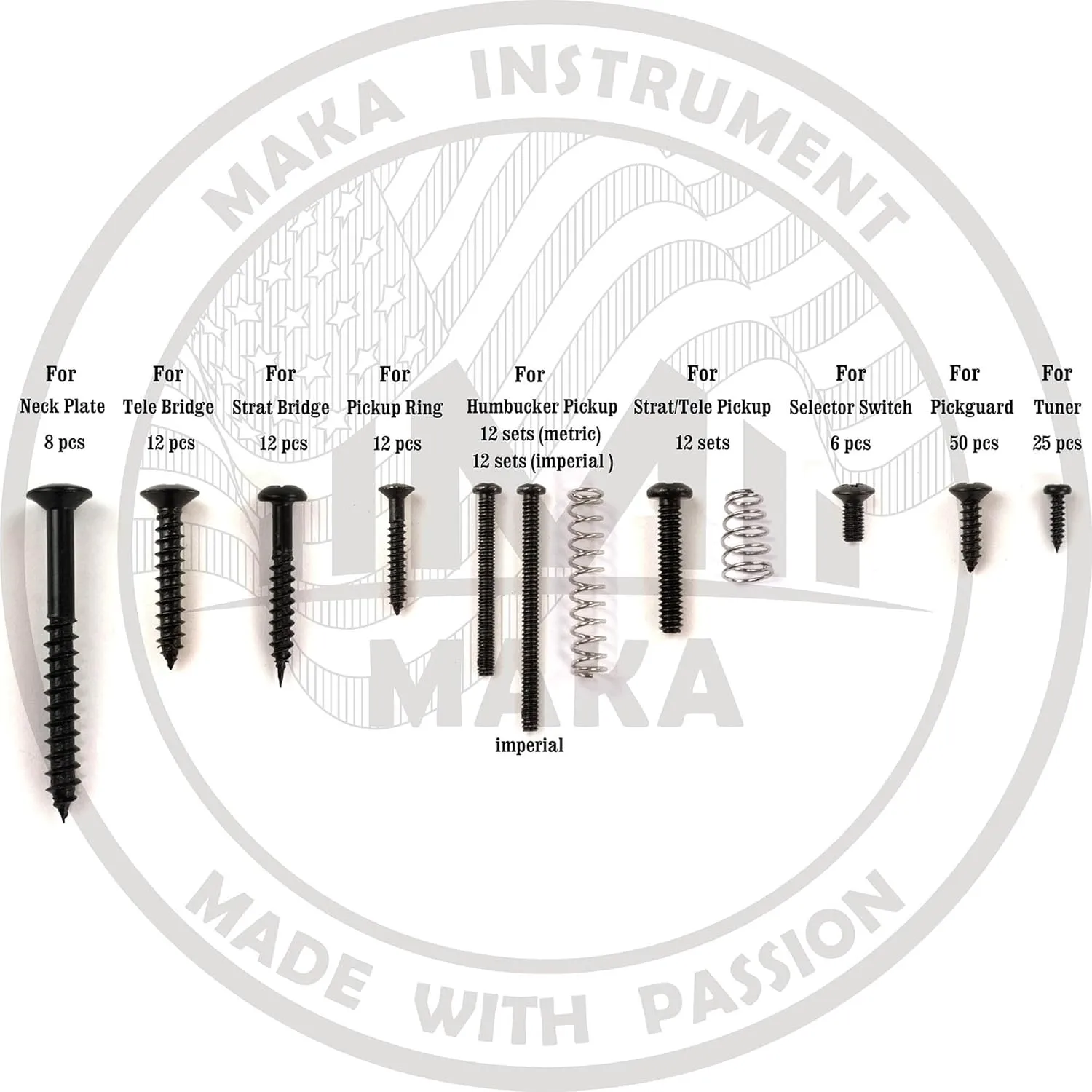 MAKA Guitar Screw Kit Assortment with Custom Acrylic Storage Box for Electric Guitar Bridge, Pickup, Pickguard, Tuner, Switch, Neck Plate, with Springs, Black
