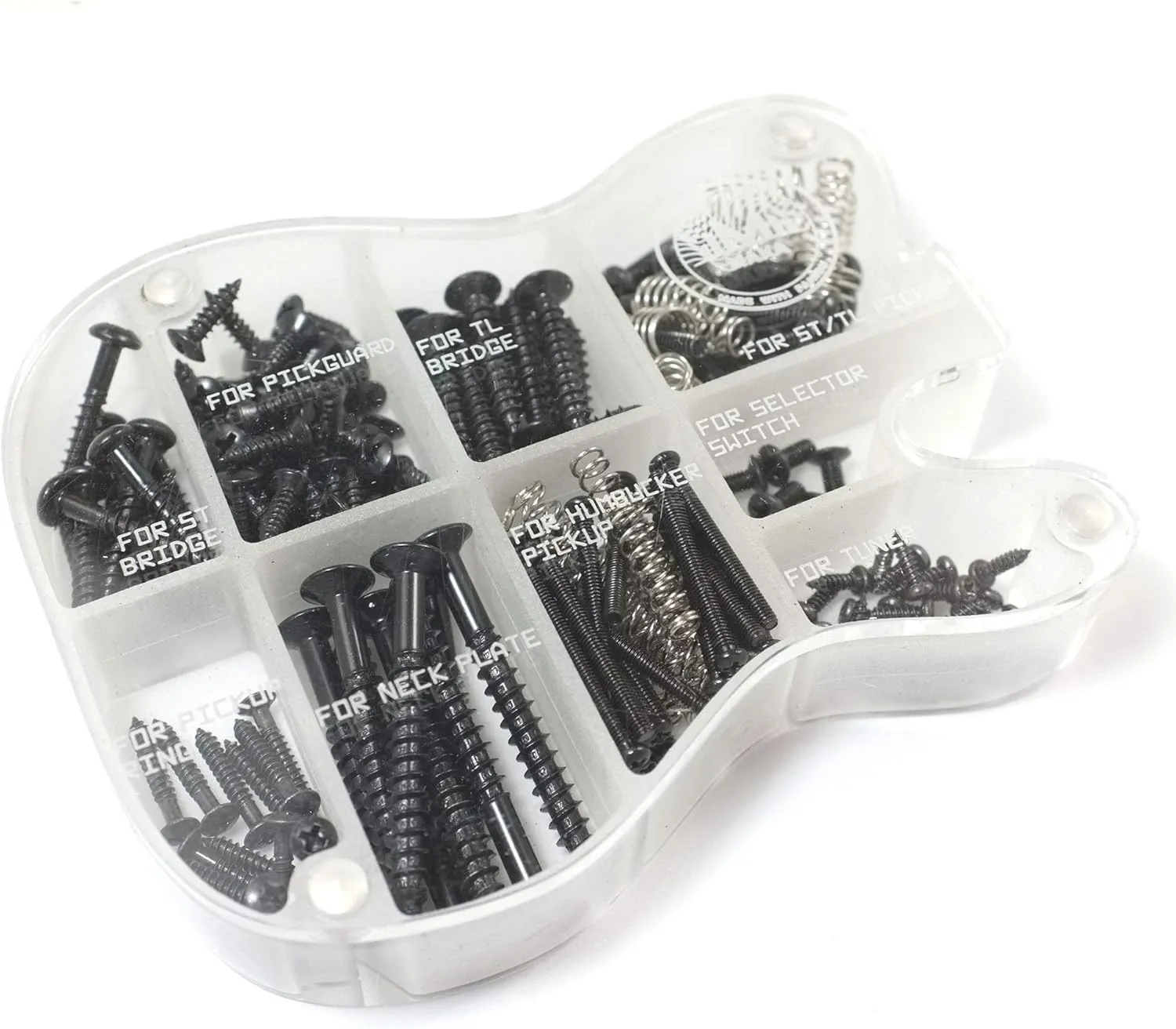 MAKA Guitar Screw Kit Assortment with Custom Acrylic Storage Box for Electric Guitar Bridge, Pickup, Pickguard, Tuner, Switch, Neck Plate, with Springs, Black