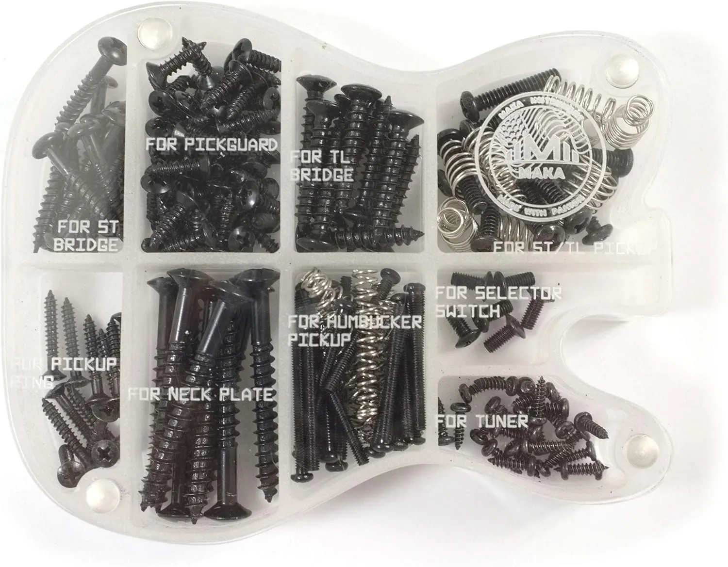 MAKA Guitar Screw Kit Assortment with Custom Acrylic Storage Box for Electric Guitar Bridge, Pickup, Pickguard, Tuner, Switch, Neck Plate, with Springs, Black