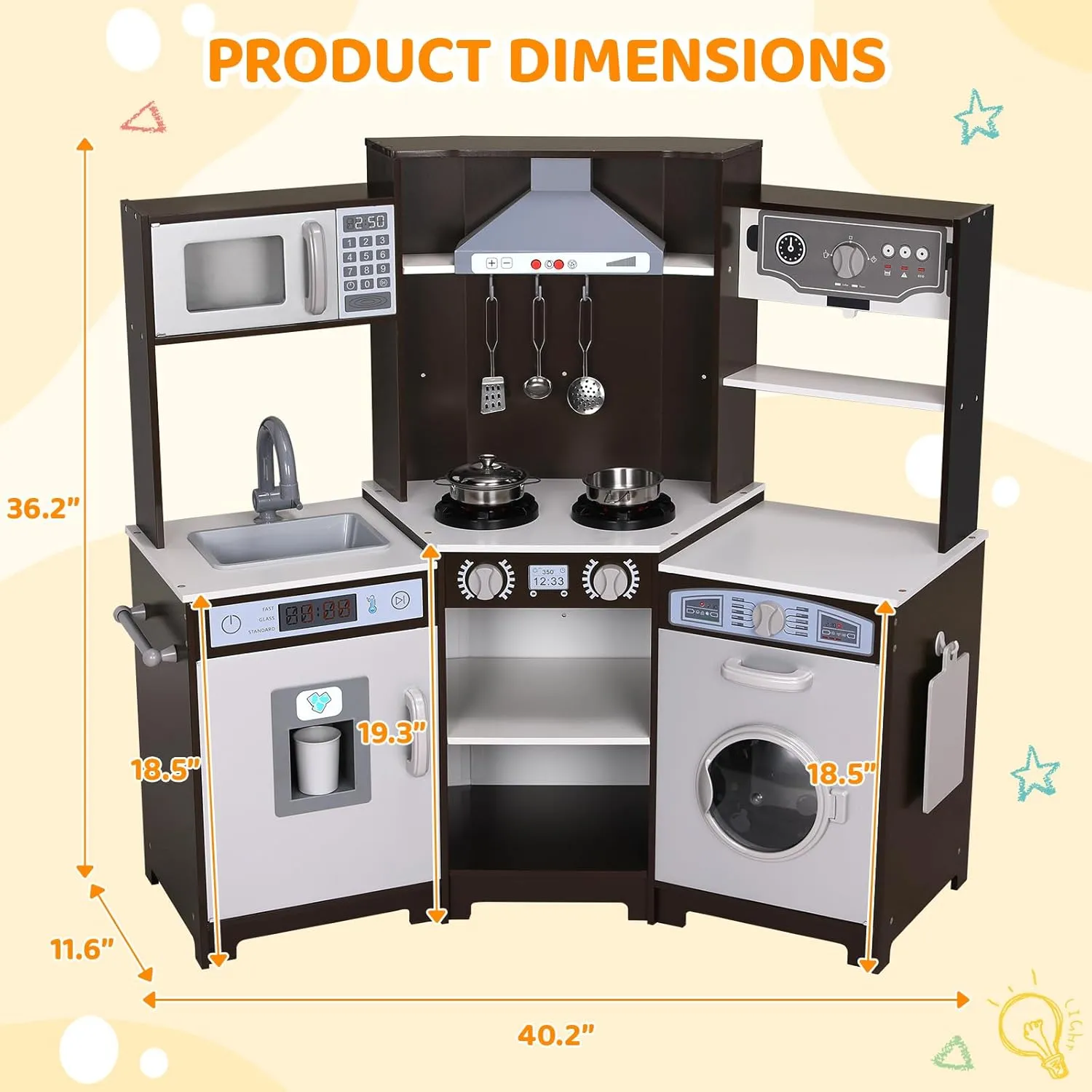 MAMIZO Corner Play Kitchen for Kids, Wooden Pretend Toy Kitchen, Large Toodler Cooking Playset w/Washer, Range Hood w/Light & Sound, Stove, Ice Maker, Cutting Board, Coffee Maker, Sink (Brown)