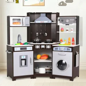 MAMIZO Corner Play Kitchen for Kids, Wooden Pretend Toy Kitchen, Large Toodler Cooking Playset w/Washer, Range Hood w/Light & Sound, Stove, Ice Maker, Cutting Board, Coffee Maker, Sink (Brown)