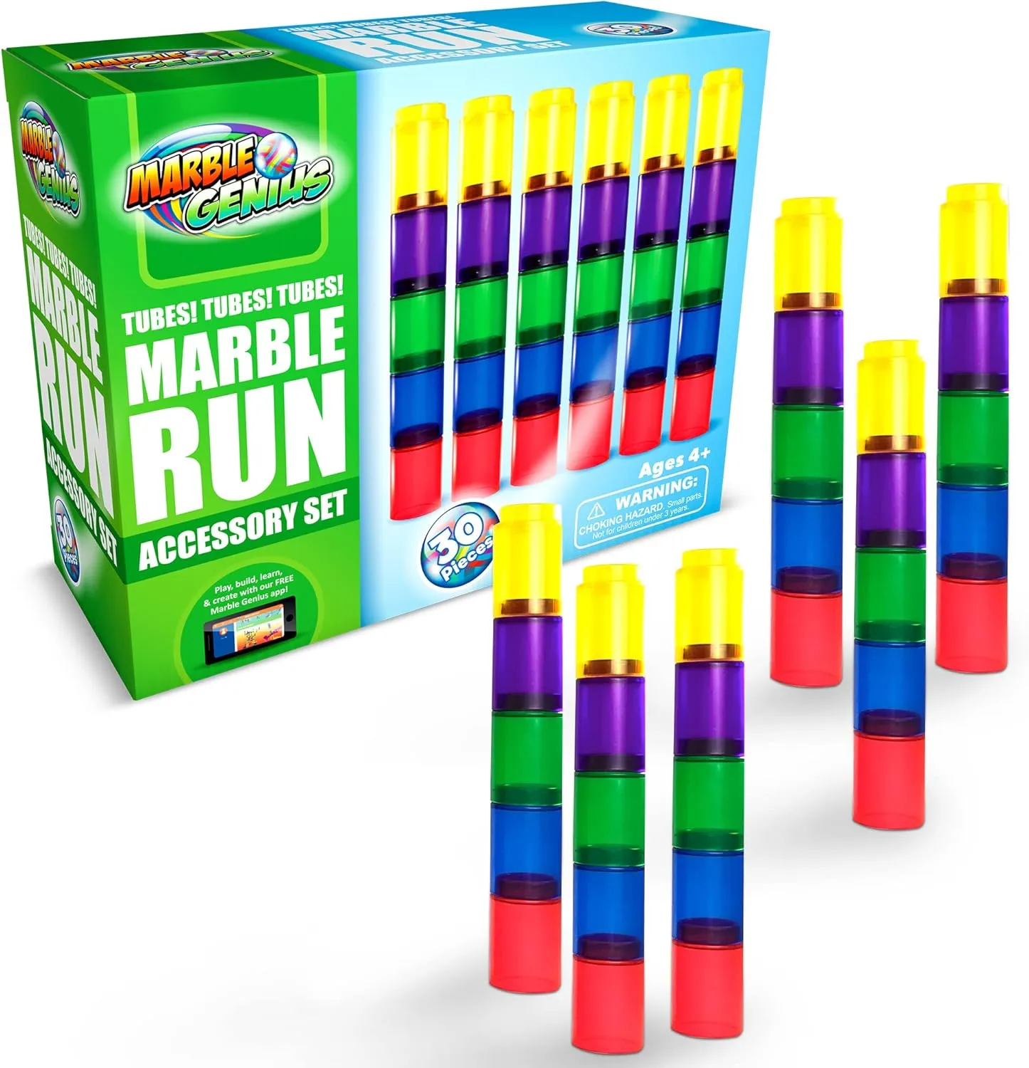 Marble Genius Tubes, 30pcs Marble Run Accessory Set for Kids Ages 4 , Fun Building & Learning Educational Construction Add-on Kit for Teens STEM