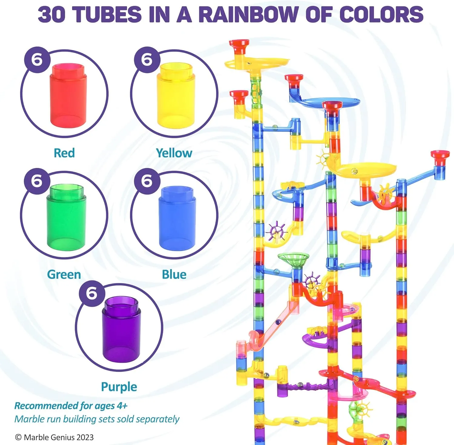 Marble Genius Tubes, 30pcs Marble Run Accessory Set for Kids Ages 4 , Fun Building & Learning Educational Construction Add-on Kit for Teens STEM