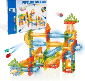 Marble Run 78 Pieces DIY Building Blocks Race Track Set for Boys and Girls STEM Brain Development Kit Ages 4 to 8 Translucent Tubes LED Mini Flashlights Toy Gift