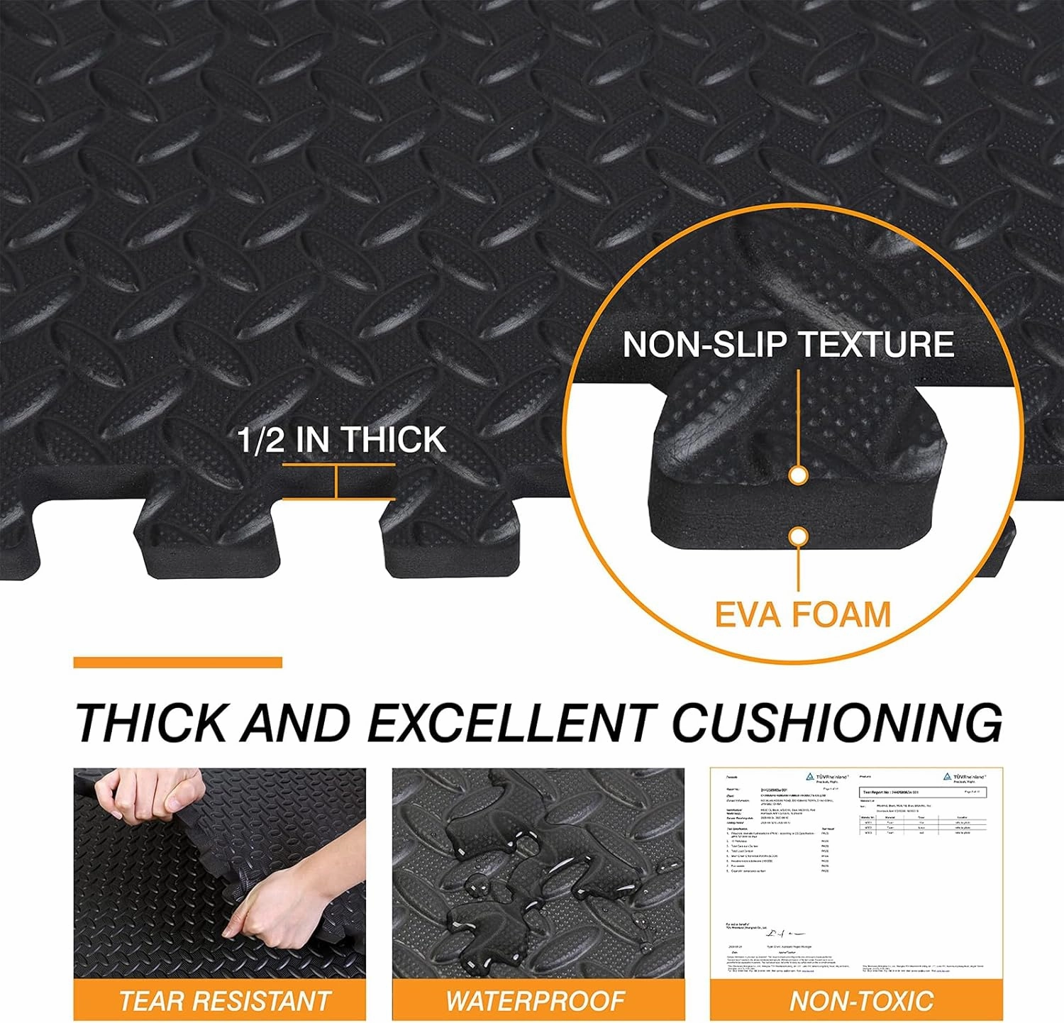 Mat Block APM36001BK-1 Torin Interlocking Foam Exercise Floor Mats: 144 SQ FT, 1/2 inch, 36 Tiles, EVA Gym Mat Flooring, Exercise Equipment Mat for Home Gym Equipment, Black