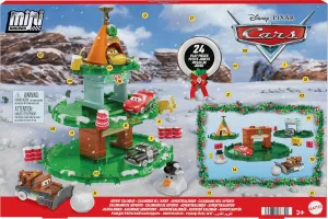 Mattel Disney and Pixar Cars Minis 2024 Advent Calendar with 24 Pieces, Surprises Include 4 Toy Mini Cars, Stackable Track & Storytelling Accessories