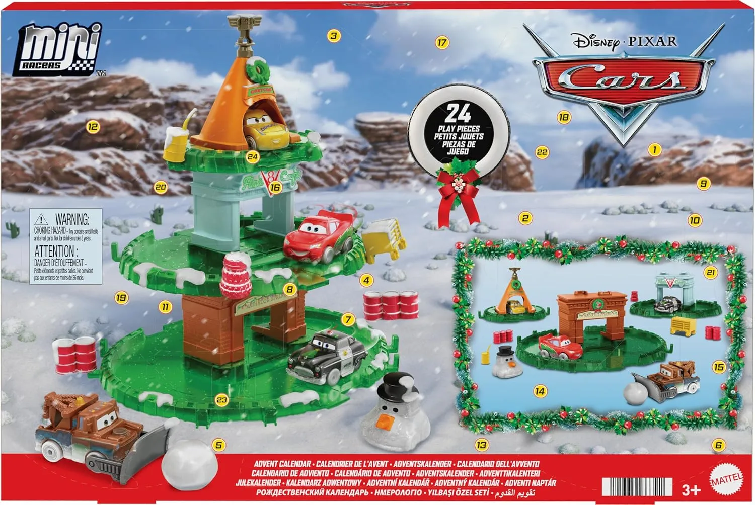 Mattel Disney and Pixar Cars Minis 2024 Advent Calendar with 24 Pieces, Surprises Include 4 Toy Mini Cars, Stackable Track & Storytelling Accessories