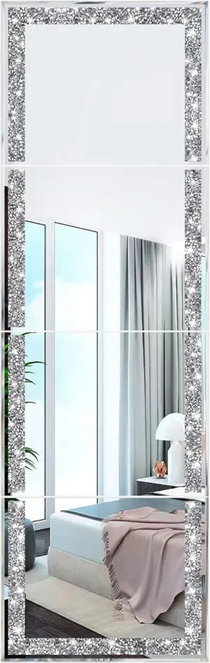Meetart Full Length Mirror Tiles,Crystal Crush Diamond Full Body Wall Mirror,in 4PCS .14''x11''Glass Frameless Make Up Mirror for Home Decor,Room Decor,Wall Decor.