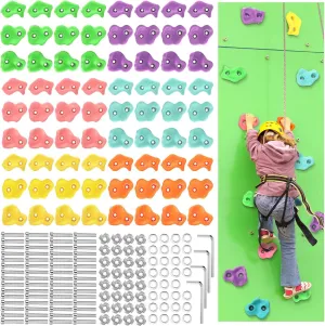Meooeck 72 Pcs Kids Rock Wall Climbing Holds Set Colorful Grips with Mounting Screws and Hardware for DIY Indoor Outdoor Backyard Playground Play Set Back to School Birthday Gift(Pastel Color)