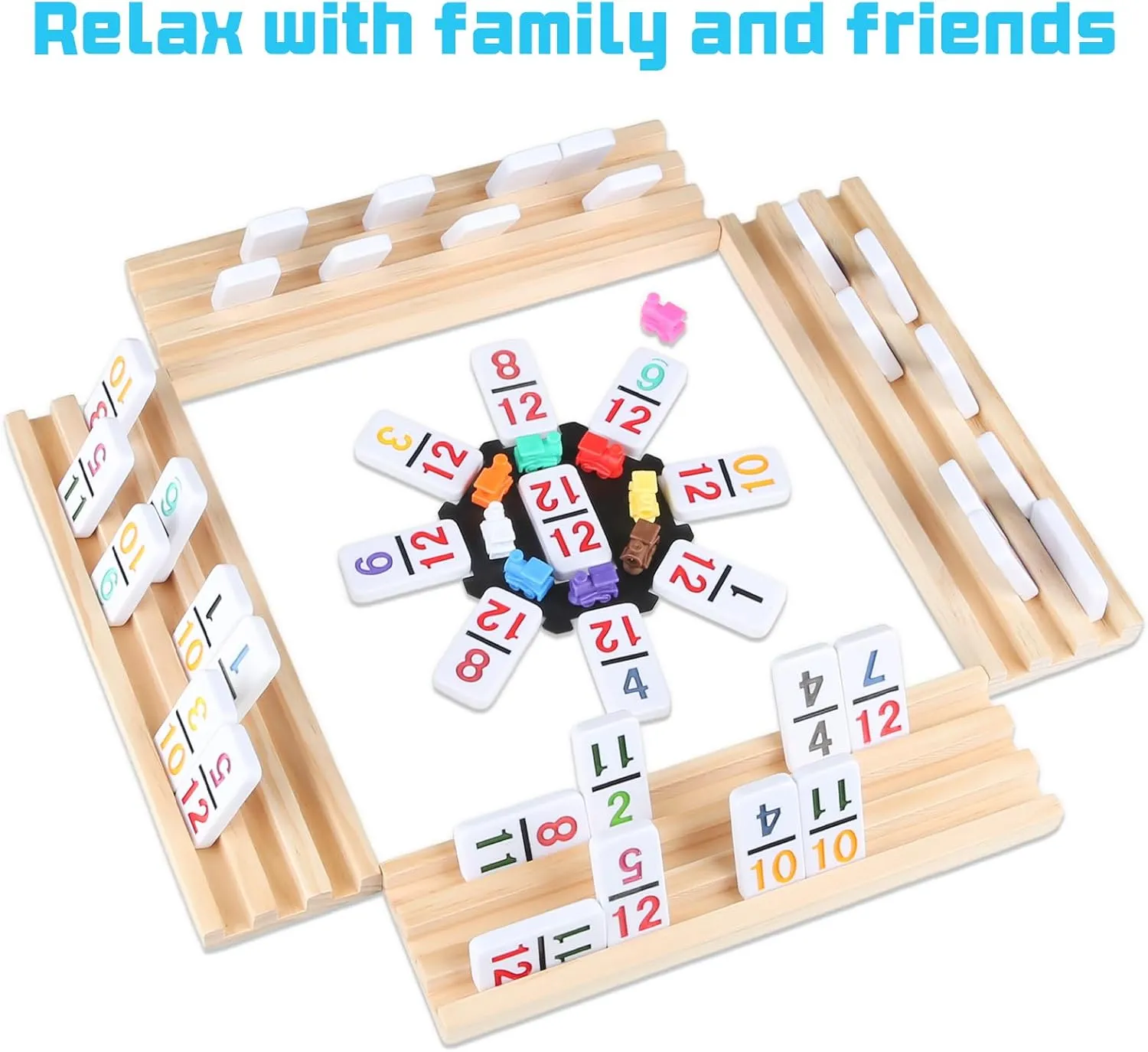 Mexican Train Numbers Dominoes with 4 Wood Trays, Color Double 12 Numerical Domine Set for Adults and Family, Classic 91 Tiles Board Grame with Waterproof Case