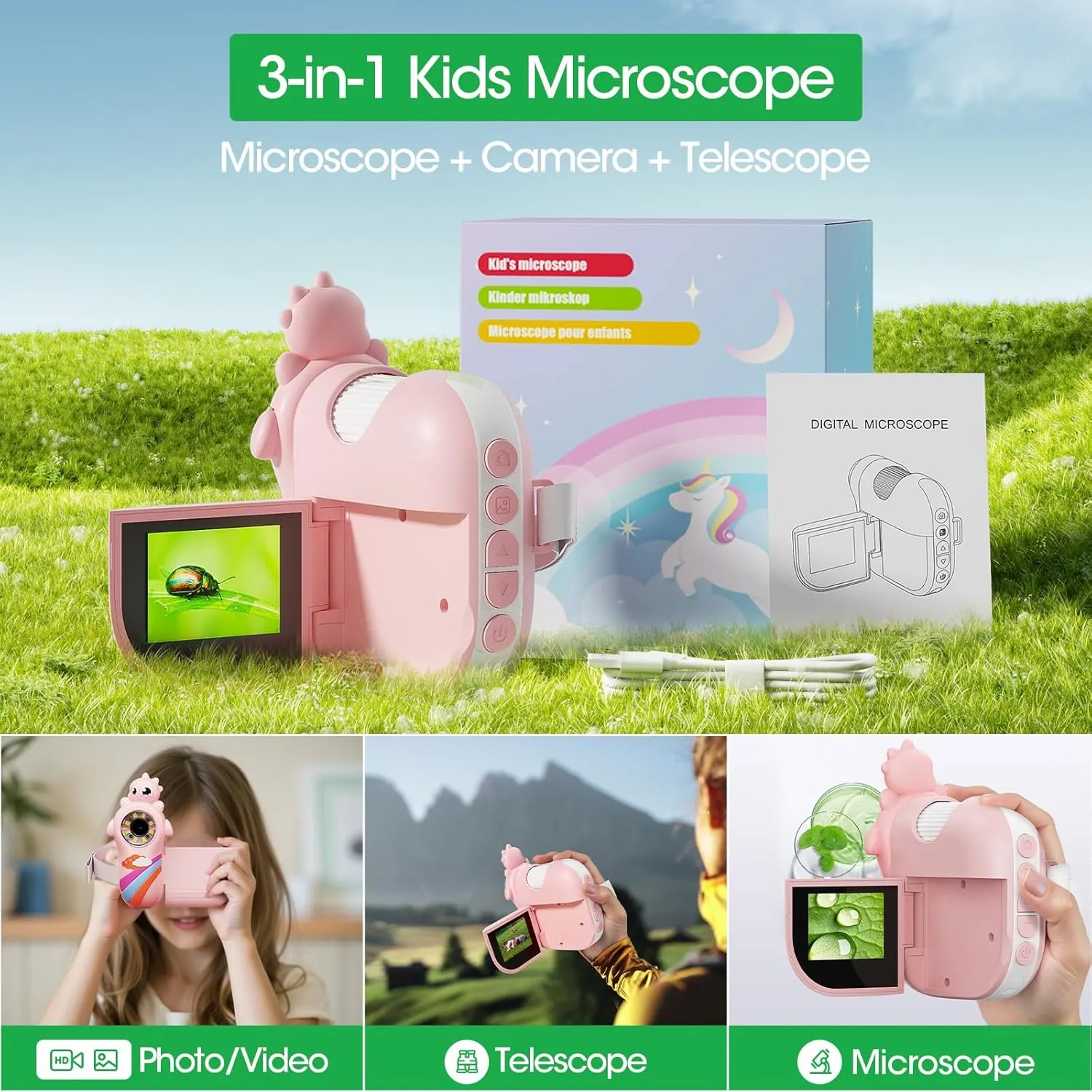 Microscope for Kids: 3-in-1 Portable Handheld Microscope & Digital Explorer Kit, Educational STEM Toy, Holiday & Birthday Gift for Ages 3-12 Girls Boys, Pocket Miniscope for Backyard, Park, Classroom