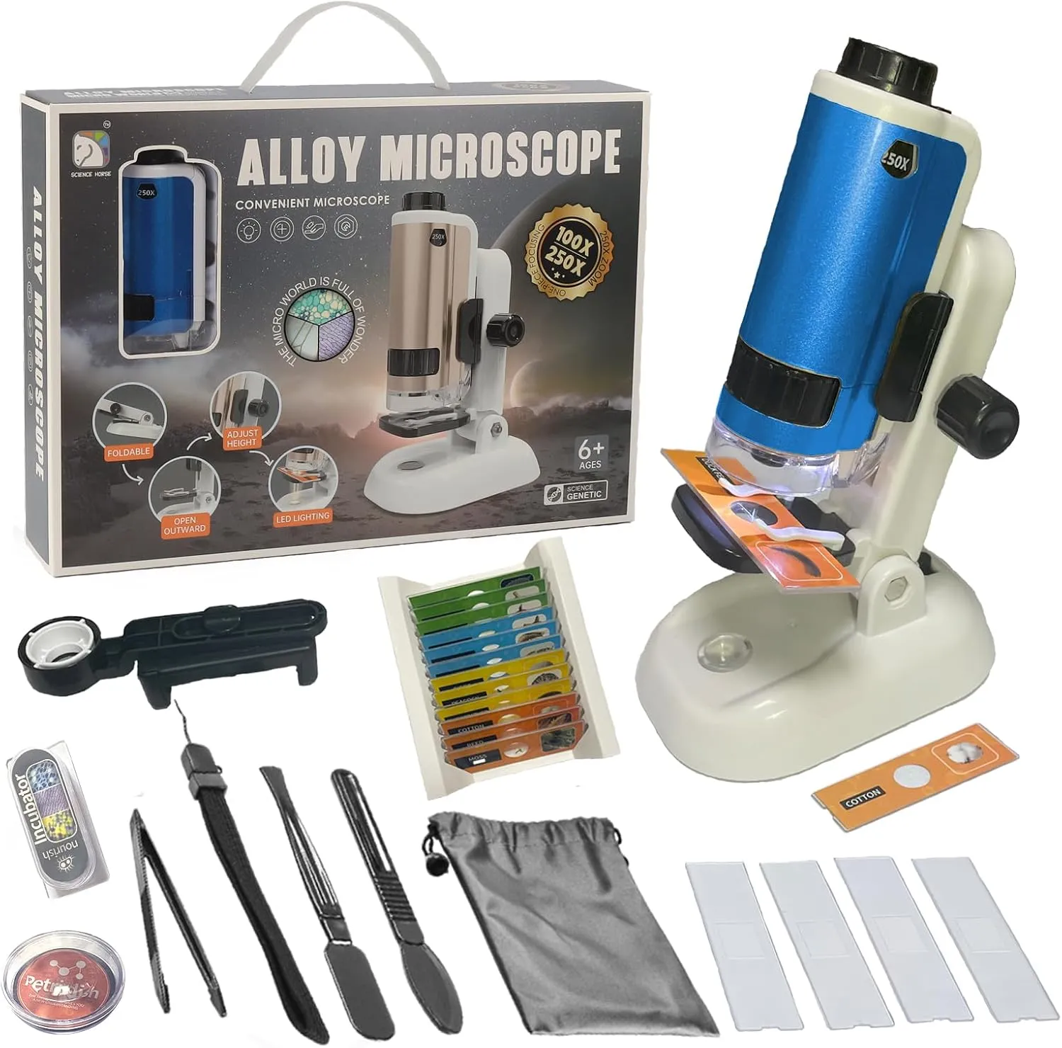 Microscope for Kids, SETFLAGS 250x Magnification Portable Pocket Microscope and 14 Slides,Science Kits STEM Toys for Kids, 4 Blank Slides, Educational Science Experiment Toy for DIY Specimen, Age 6 