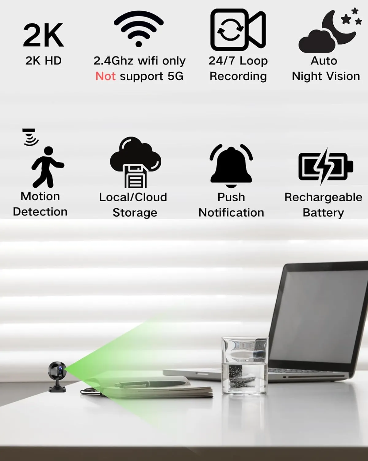 Mini Camera Wireless Wi-Fi Indoor Camera Security, 2K HD, Auto Night Vision, Rechargeable Battery, AI Motion Detection,Pet Cameras
