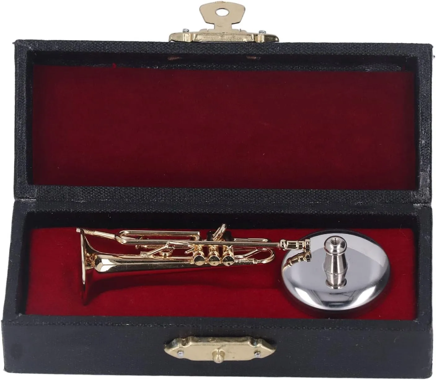 Miniature Trumpet Model Brass Mini Music Instrument Ornament with Stand Box Decorative Dollhouse Ornaments Replica Instrument Decoration for Christmas Birthday Gifts Music Lover(10cm/3.94in)