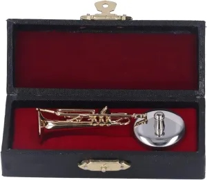 Miniature Trumpet Model Brass Mini Music Instrument Ornament with Stand Box Decorative Dollhouse Ornaments Replica Instrument Decoration for Christmas Birthday Gifts Music Lover(10cm/3.94in)