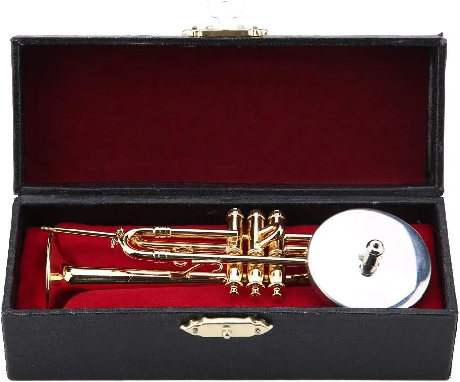 Miniature Trumpet Replica with Stand Case, Mini Musical Instrument Miniature Dollhouse Model Gold Plated Musical Instrument Decor