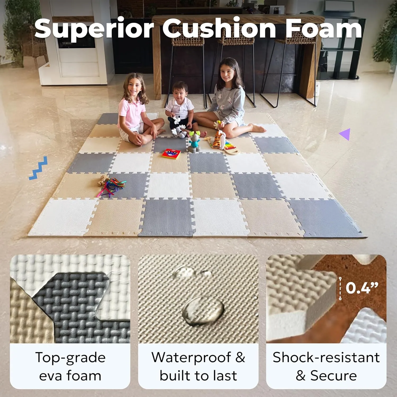MioTetto Foam Floor Tiles for Kids - Non-Toxic Comfortable Baby Play Mat and Interlocking Foam Tiles, Fits with 74x74 Playpen Mat for Crawling & Development, Soft Play Mat for Babies 6-12 Months