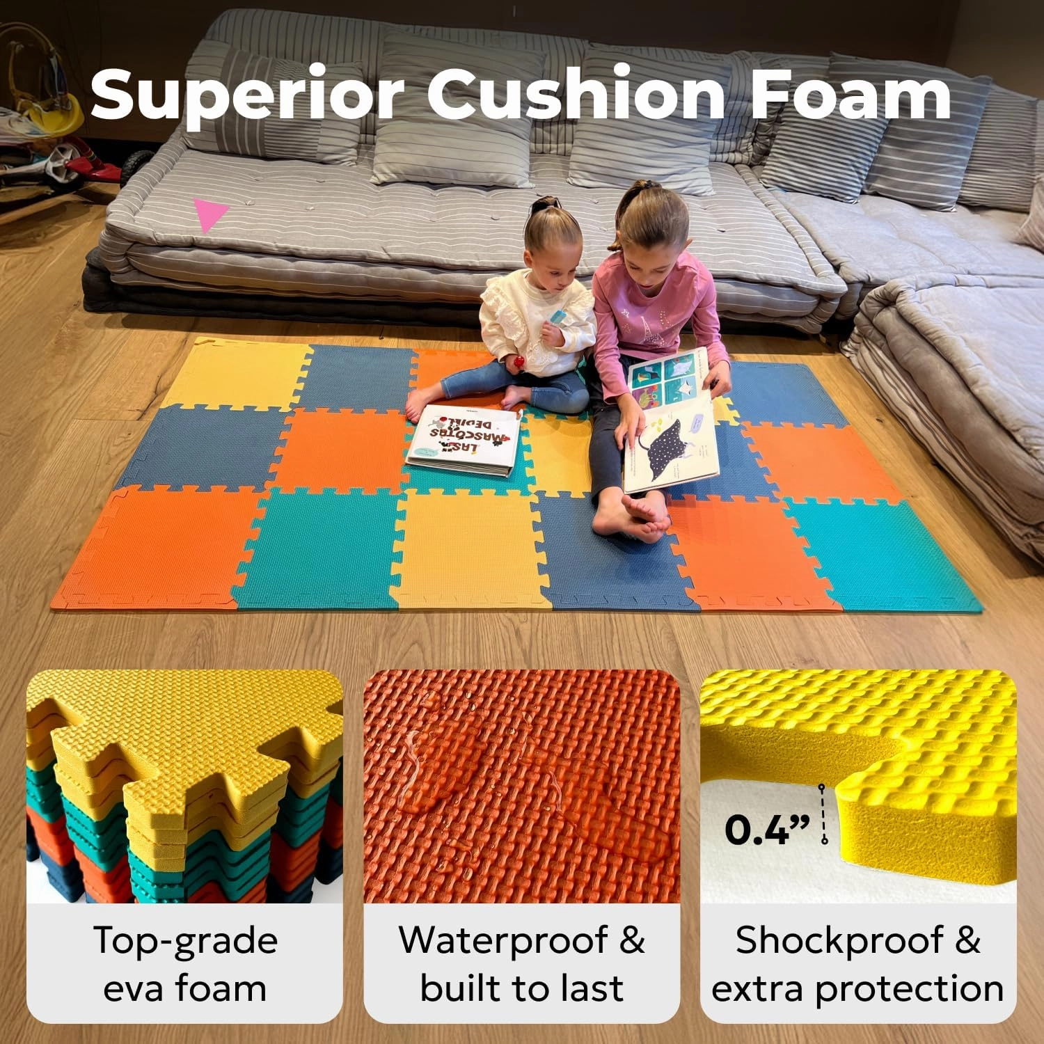 MioTetto Foam Floor Tiles for Kids - Non-Toxic Comfortable Baby Play Mat and Interlocking Foam Tiles, Fits with 50x50 Playpen Mat for Crawling & Development, Soft Play Mat for Babies 6-12 Months