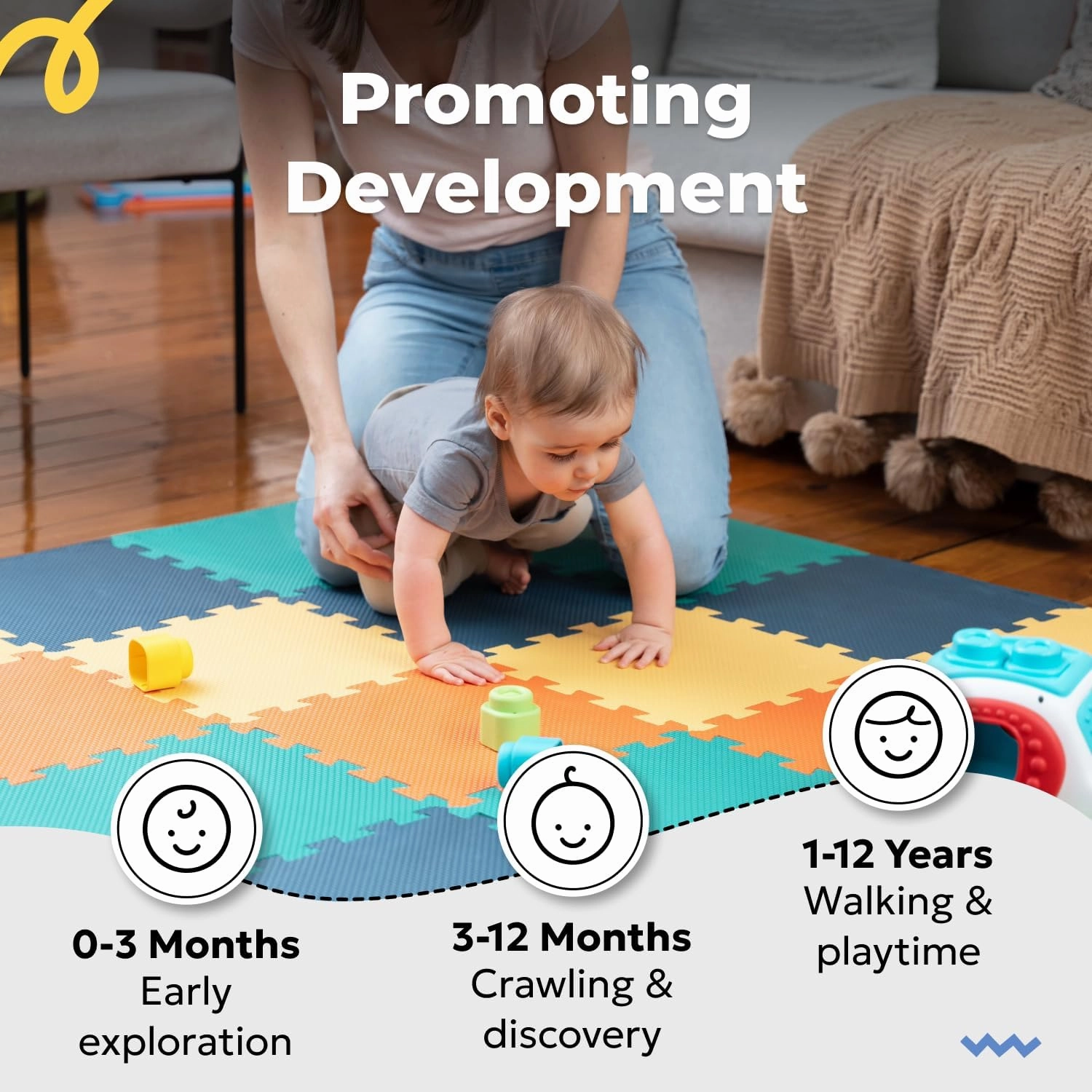 MioTetto Foam Floor Tiles for Kids - Non-Toxic Comfortable Baby Play Mat and Interlocking Foam Tiles, Fits with 50x50 Playpen Mat for Crawling & Development, Soft Play Mat for Babies 6-12 Months