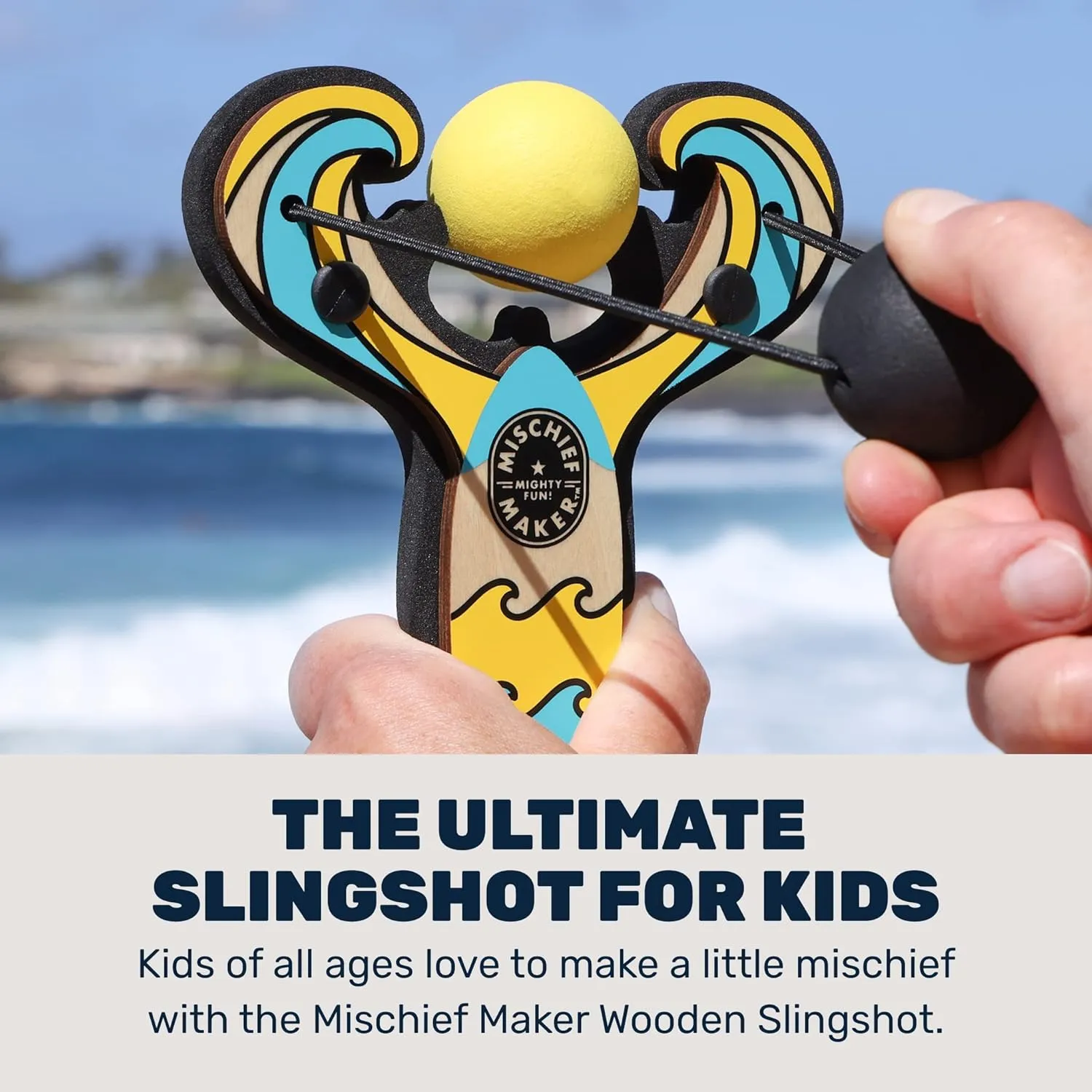 Mischief Maker® Wooden Slingshot - Surf’s Up Series - Real Wood Slingshot for Kids, 4 Soft Foam Balls and Storage Bag - Ages 4 