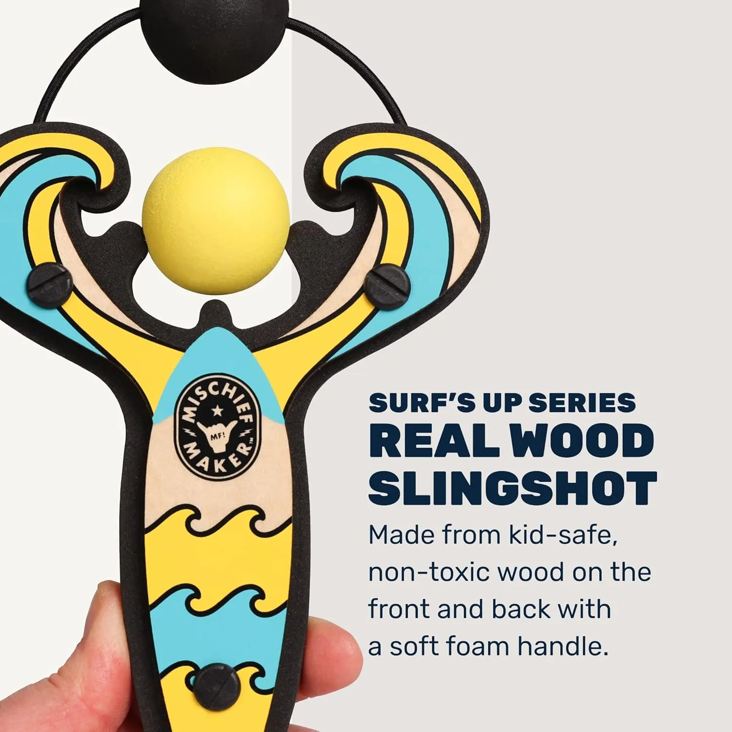 Mischief Maker® Wooden Slingshot - Surf’s Up Series - Real Wood Slingshot for Kids, 4 Soft Foam Balls and Storage Bag - Ages 4 