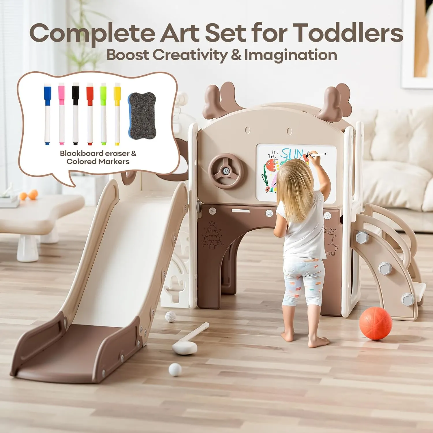 Mloong 11 in 1 Toddler Slide, Kids Slide for Toddlers Baby 1-3 Years Old, Indoor and Outdoor with Basketball Hoop Golf Drawing Set, Slides for Kids Easy Assembly Elk Theme(54.3×62.2×38.9")