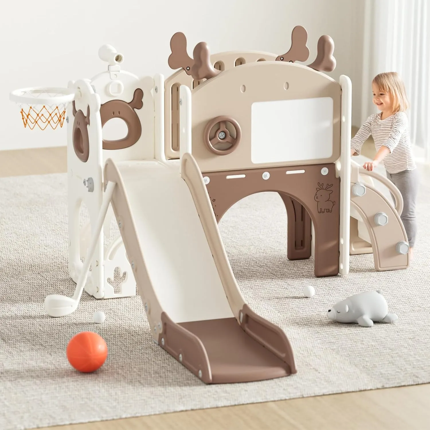 Mloong 11 in 1 Toddler Slide, Kids Slide for Toddlers Baby 1-3 Years Old, Indoor and Outdoor with Basketball Hoop Golf Drawing Set, Slides for Kids Easy Assembly Elk Theme(54.3×62.2×38.9")