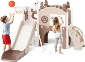 Mloong 11 in 1 Toddler Slide, Kids Slide for Toddlers Baby 1-3 Years Old, Indoor and Outdoor with Basketball Hoop Golf Drawing Set, Slides for Kids Easy Assembly Elk Theme(54.3×62.2×38.9")