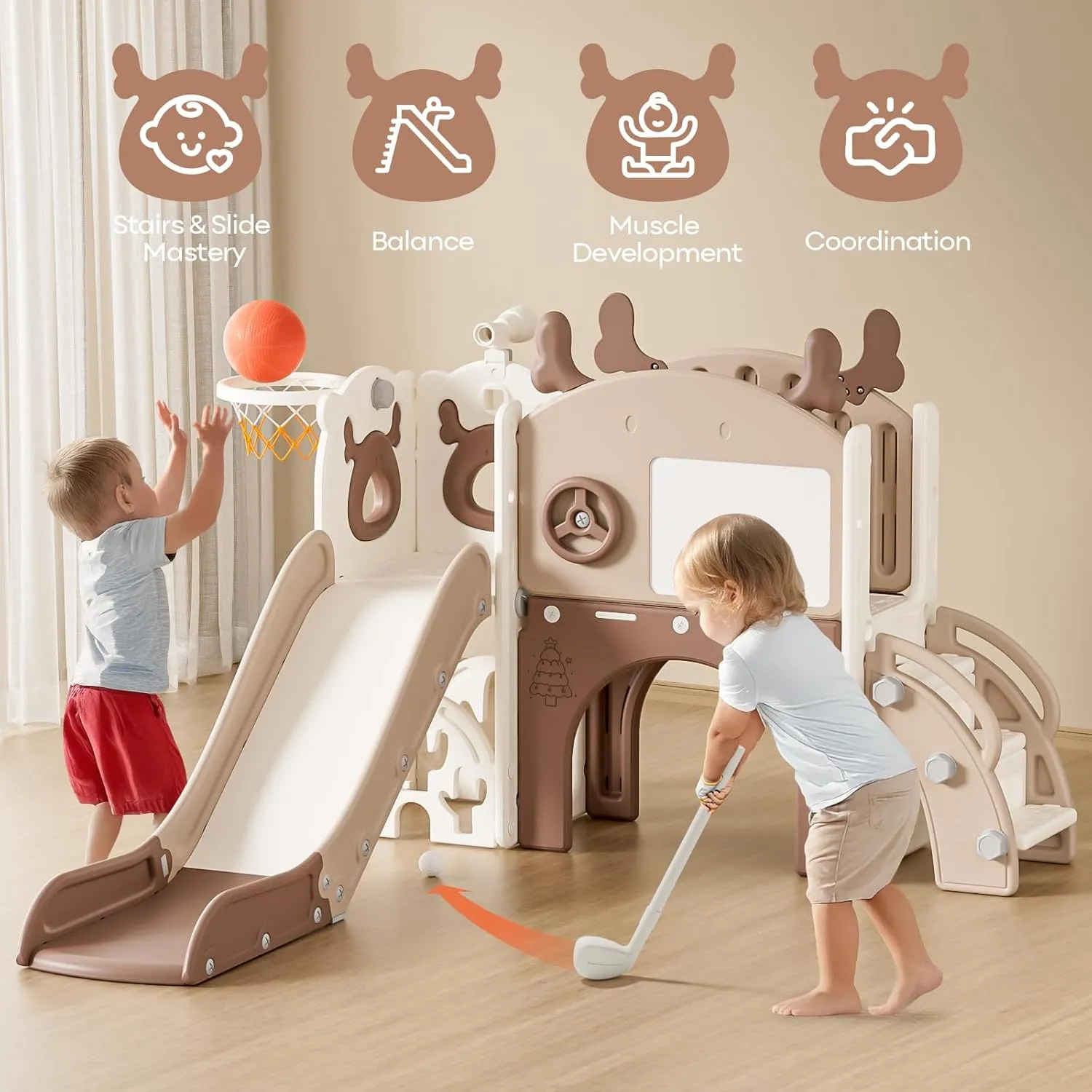 Mloong 11 in 1 Toddler Slide, Kids Slide for Toddlers Baby 1-3 Years Old, Indoor and Outdoor with Basketball Hoop Golf Drawing Set, Slides for Kids Easy Assembly Elk Theme(54.3×62.2×38.9")