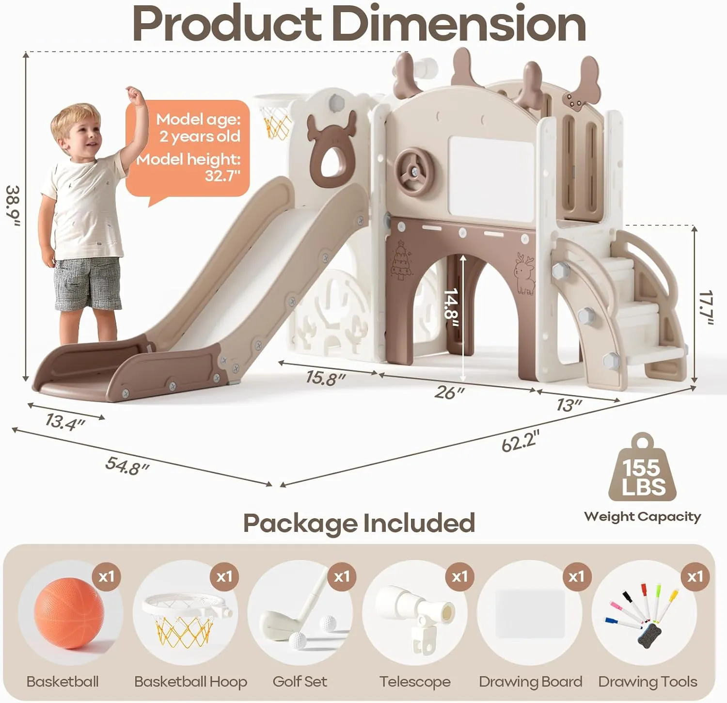 Mloong 11 in 1 Toddler Slide, Kids Slide for Toddlers Baby 1-3 Years Old, Indoor and Outdoor with Basketball Hoop Golf Drawing Set, Slides for Kids Easy Assembly Elk Theme(54.3×62.2×38.9")