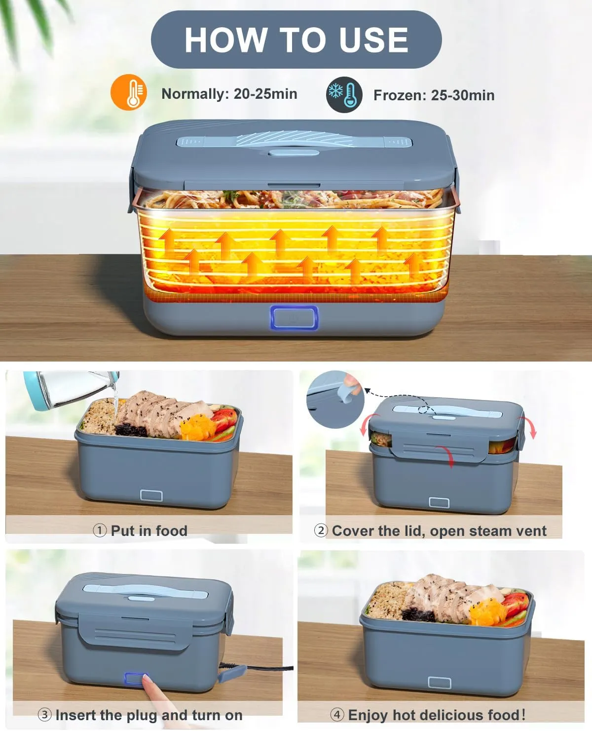 Monteka Electric Lunch Box Food Heater, Upgrade 100W High Power Portable Food Warmer, Heated Lunch Box for Adults Car/Home with 1.8L Removable Stainless Steel Container, 12V/24V/110V/220V, Blue