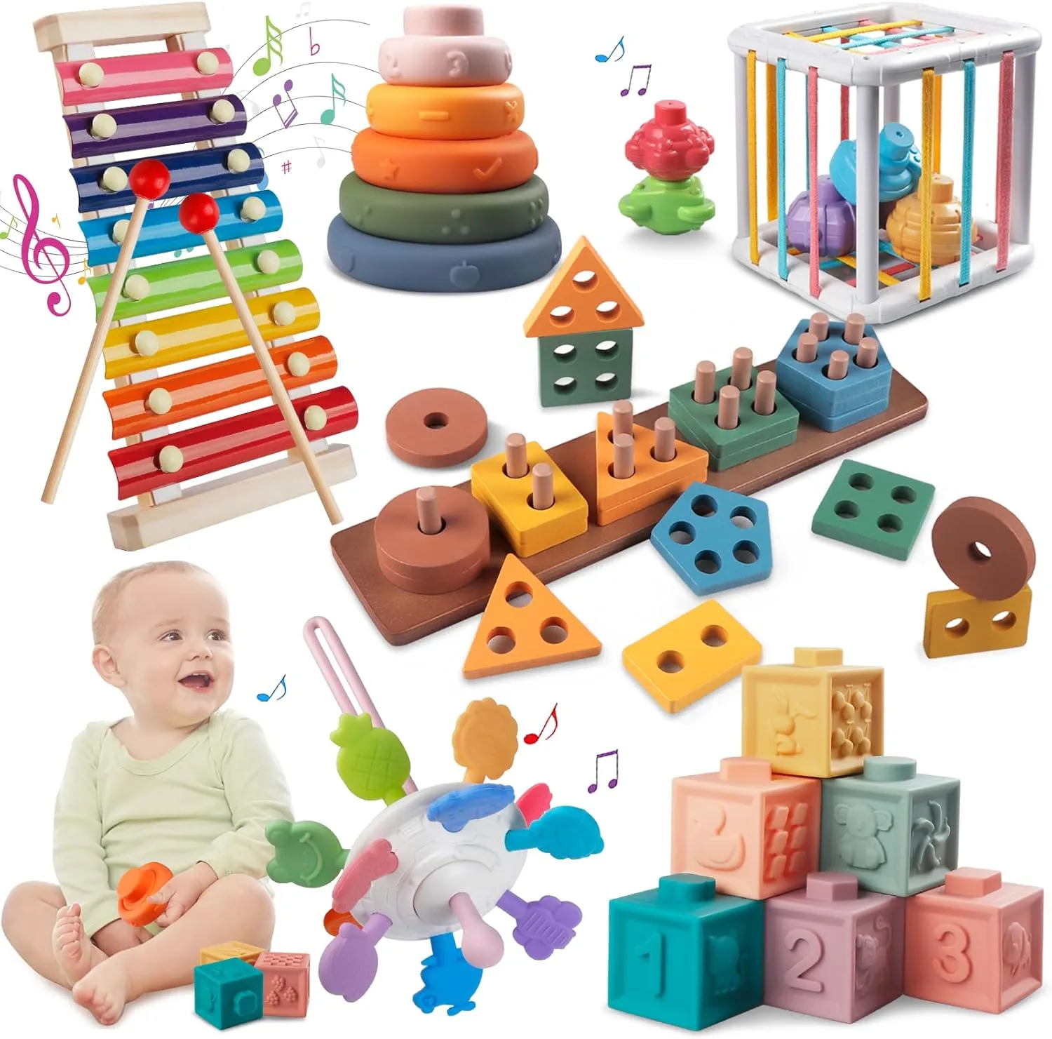 Montessori Baby Toy for 1  Year Old Sorting Stacking Learning Toys 6 to 12 Months Wooden Building Blocks, Xylophone Musical, Infant Teethers Toys for Baby, 6 in 1 Toy Birthday Gifts for Toddlers 1 2 3