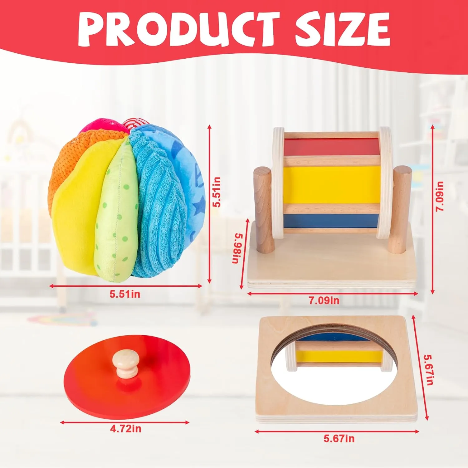 Montessori Baby Toys Play Kit - Mirror, Peekaboo, Knob Puzzle, Spinning Drum, Rainbow Ball - 6-12 Months Toddlers