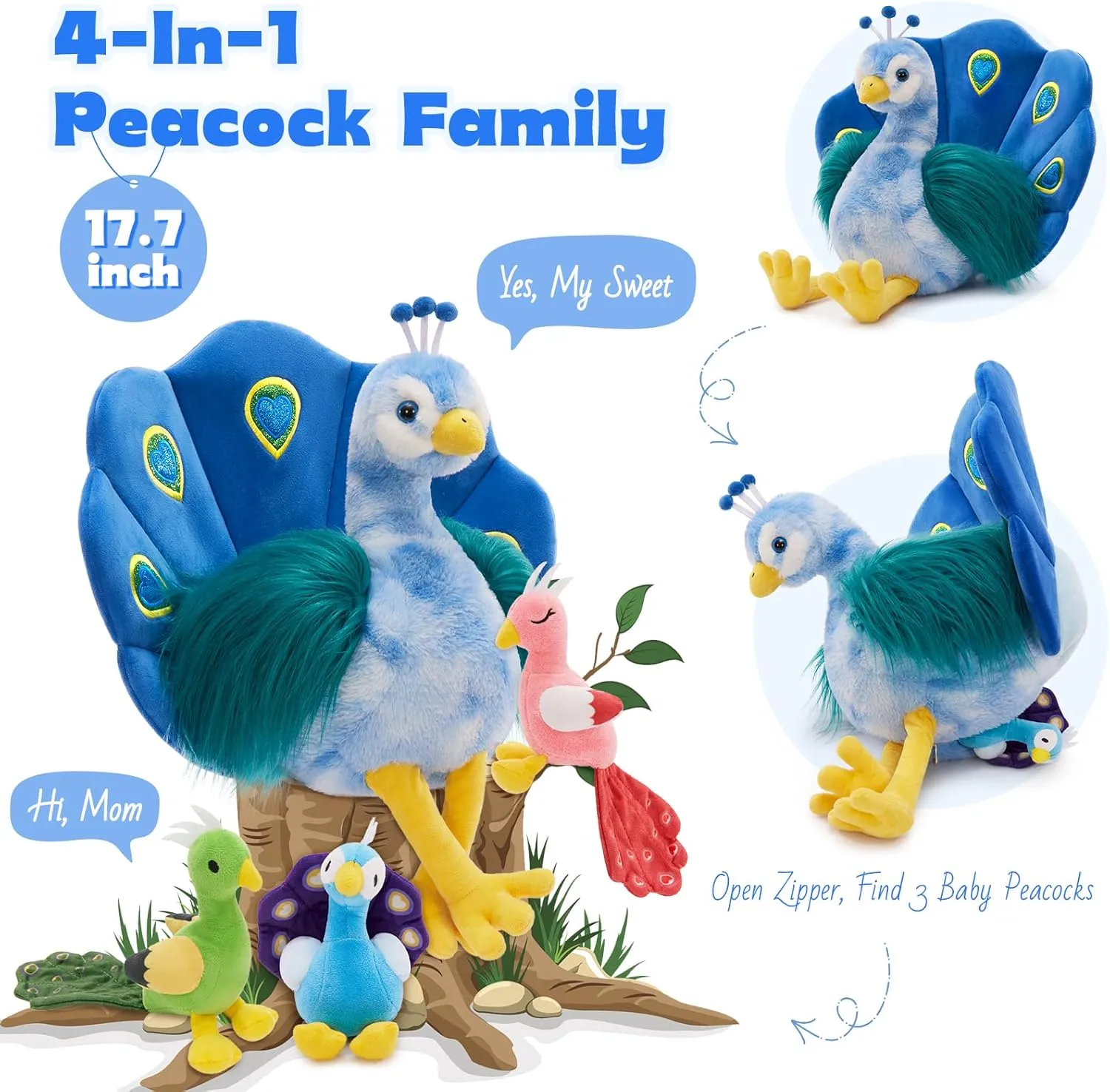 MorisMos Plush Peacock Stuffed Animal with 3 Baby Bird Plush Toys,18''Mommy Peacock Toys for Girl Boy Kid,Realistic Bird Stuffed Animals Gift for Birthday Decor Baby Shower Christmas,CE/CPC Certified