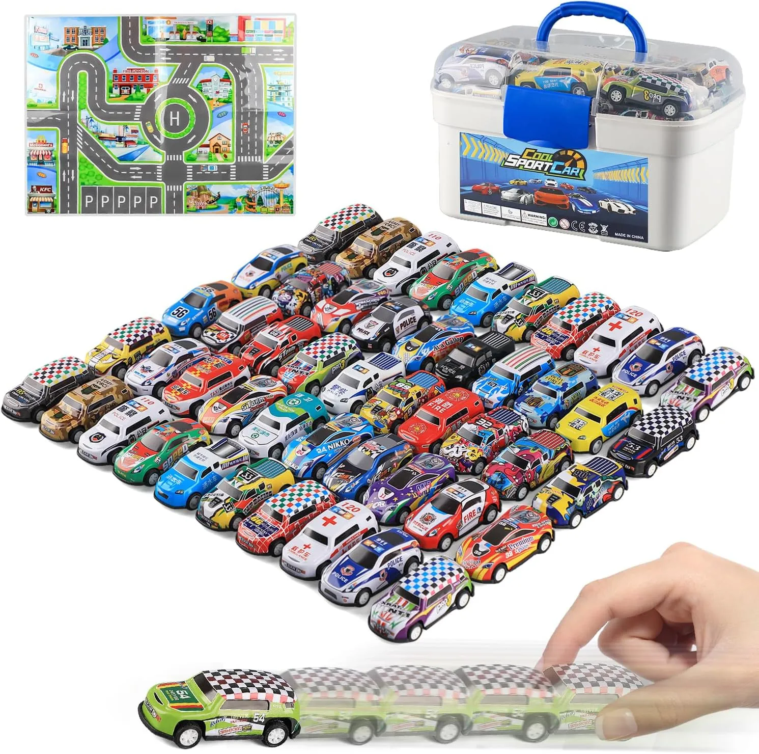 Mostop 50PCS Pull Back Cars,Toys for 3 Year Old Boys Girls, Push and Go Toy Race Car Vehicle with Storage Box, Friction Power Diecast Kids Toy Mini Cars for 3  Years Old,Best Gifts for Party Birthday