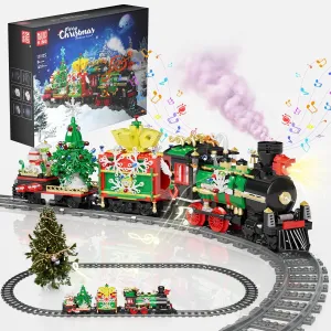 Mould King Christmas Train Building Set for 8  Years Old Kids and Adults, Christmas Toy Train with Smokes, Lights and Sound, Electric Model Trains with Steam Locomotive, Carriages and Tracks, 12012