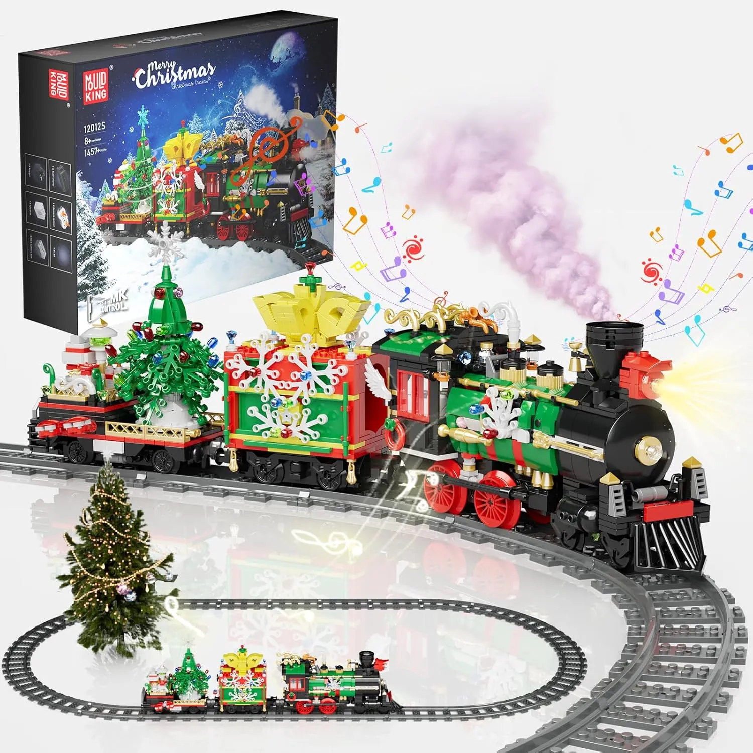 Mould King Christmas Train Building Set for 8  Years Old Kids and Adults, Christmas Toy Train with Smokes, Lights and Sound, Electric Model Trains with Steam Locomotive, Carriages and Tracks, 12012
