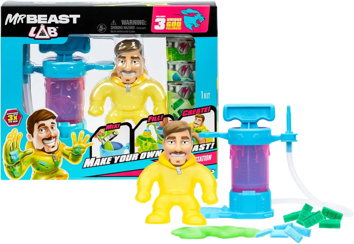 MrBeast - Stretch Hero Creator Jimmy, elastic doll, CREATE cake and fill your figure, customize to your liking, insertion accessories, children  5 years, BTR07000