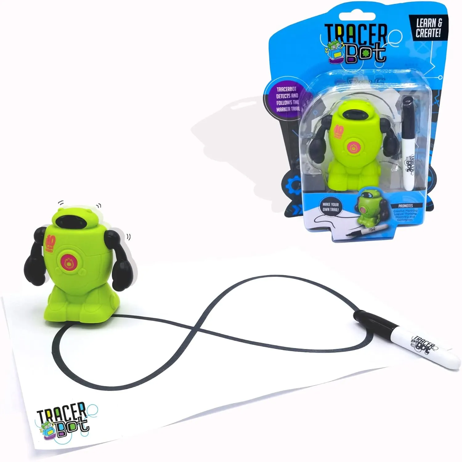 MUKIKIM TracerBot - Green – Mini Inductive Robot That Follows The Black Line You Draw. Fun, Educational, and Interactive STEM Toy with Limitless Ways to Play! Promotes Logic and Creativity Training